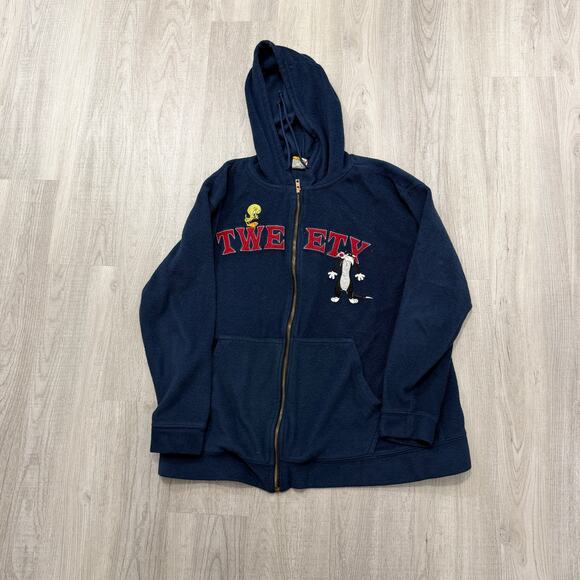 Vintage Looney Tunes Tweety Bird Sylvester Full Zip Hoodie Large Blue Fleece 90s - Picture 1 of 7